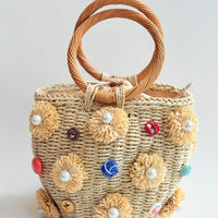 Pearl Flowers Straw Bucket Bag - One-of-a-Kind