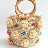 Pearl Flowers Straw Bucket Bag - One-of-a-Kind