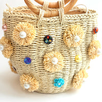 Pearl Flowers Straw Bucket Bag - One-of-a-Kind