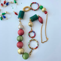 Red and Green long beaded Christmas necklace. Unique red and green bead and hoop necklace for women.