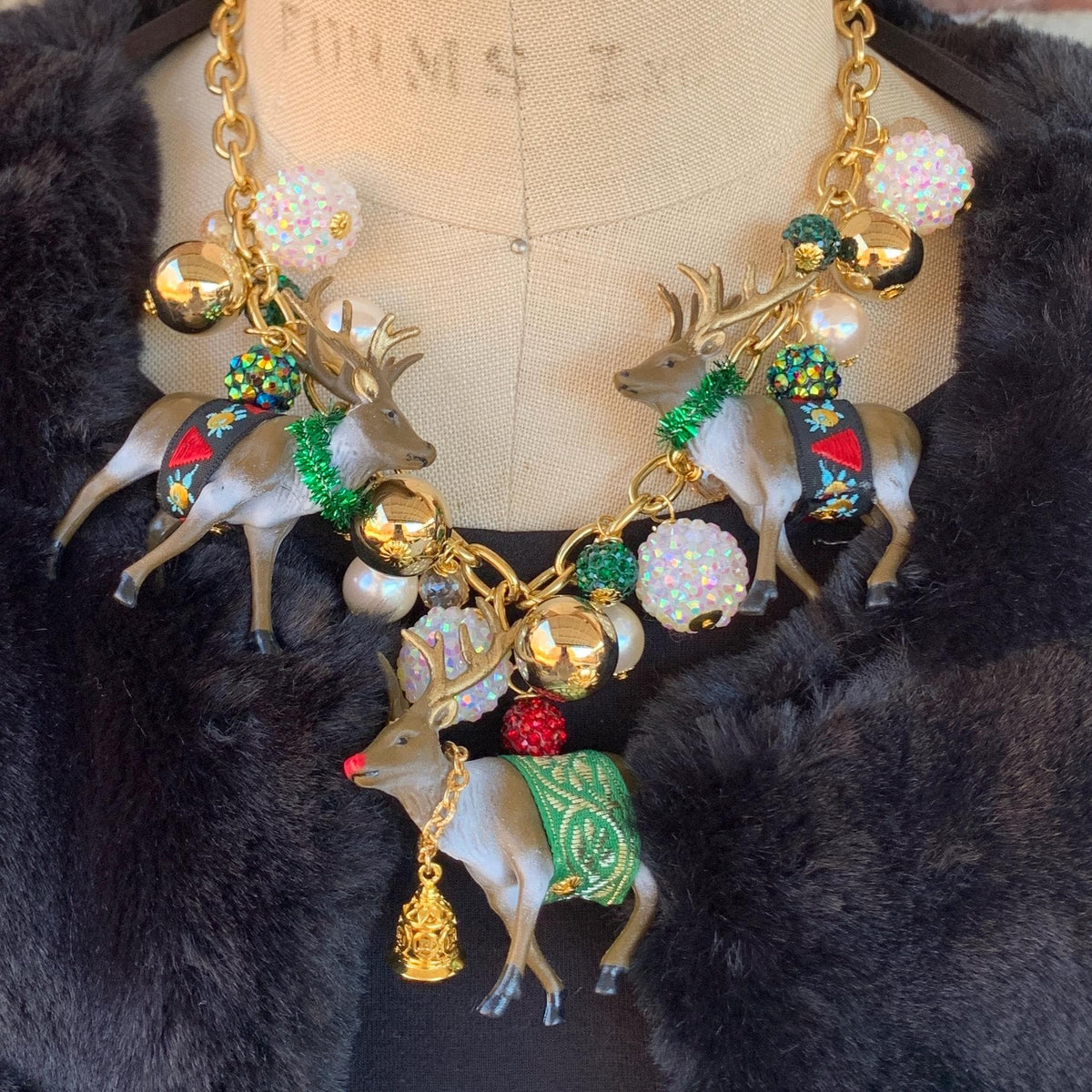 red and green with gold accents Christmas necklace. Festive necklace for a holiday party outfit. 