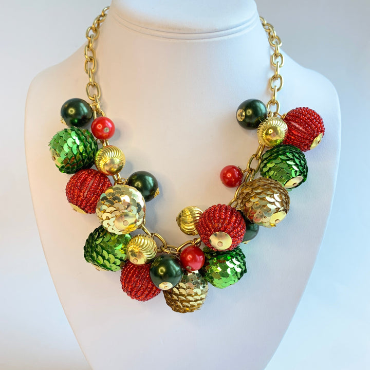 red and green with gold accents Christmas necklace. Festive necklace for a holiday party outfit. 