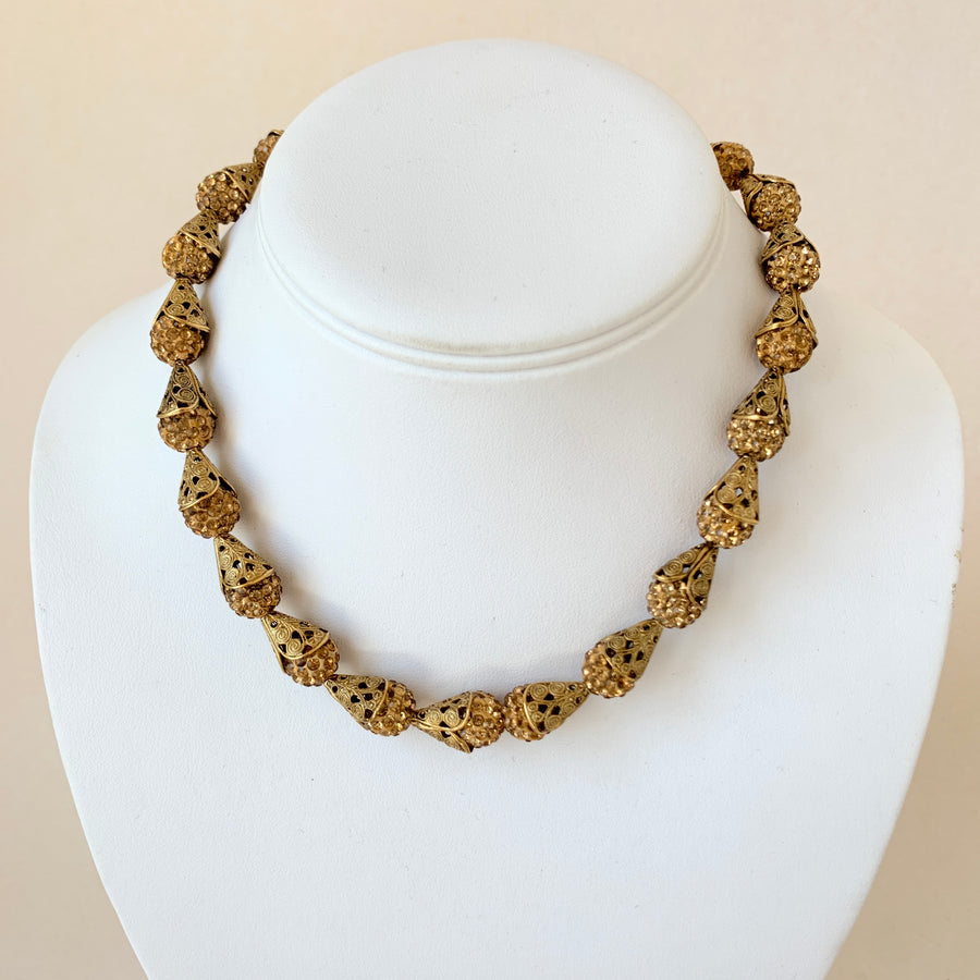 Filigree Bead Cap Rhinestone Choker - 3 Color Options