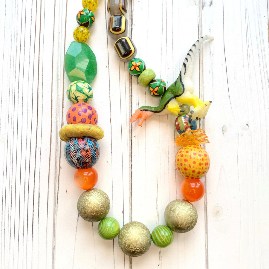 Green and yellow beaded dinosaur necklace. Large beaded necklace for women.&nbsp;