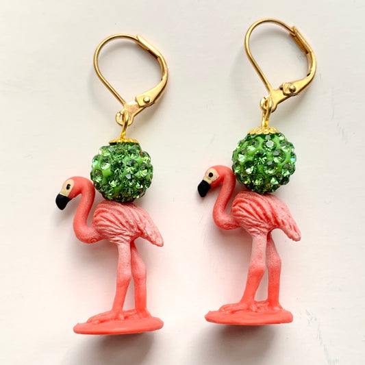 Miniature pink flamingo earrings with green rhinestone pave bead. Cute summer earrings for women.