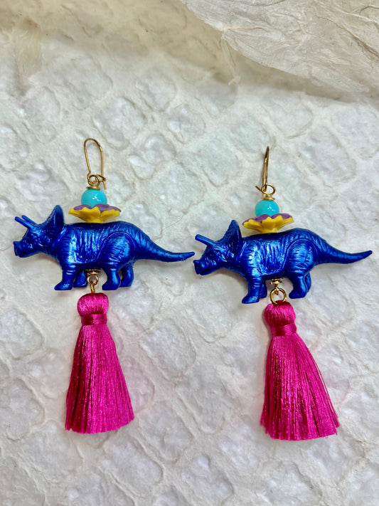 Cobalt Triceratops Tassel Earrings