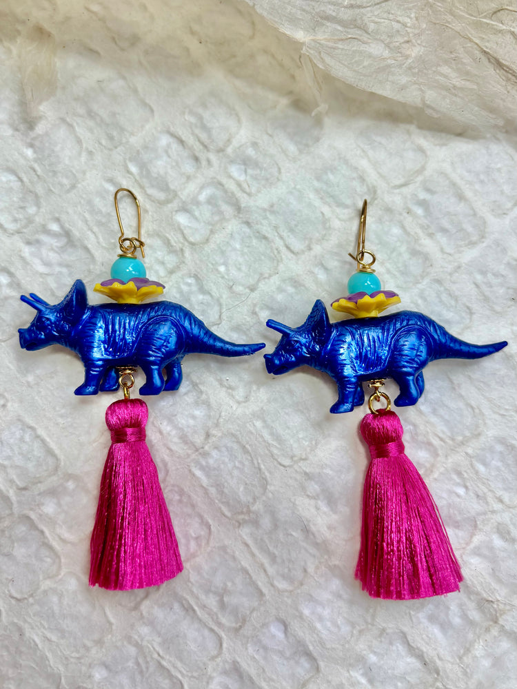 Cobalt Triceratops Tassel Earrings