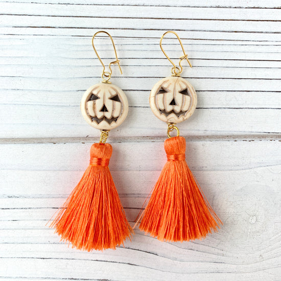 Jack-o-Lantern Halloween Tassel Earrings - 2 Color Options Available