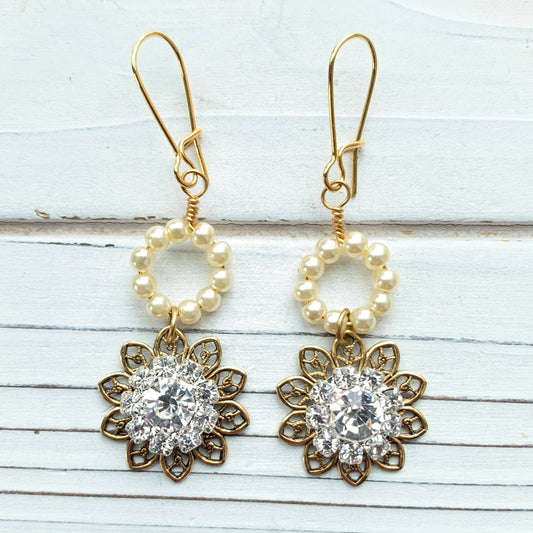 Lenora Dame Pearl and Rhinestone Floral Earrings