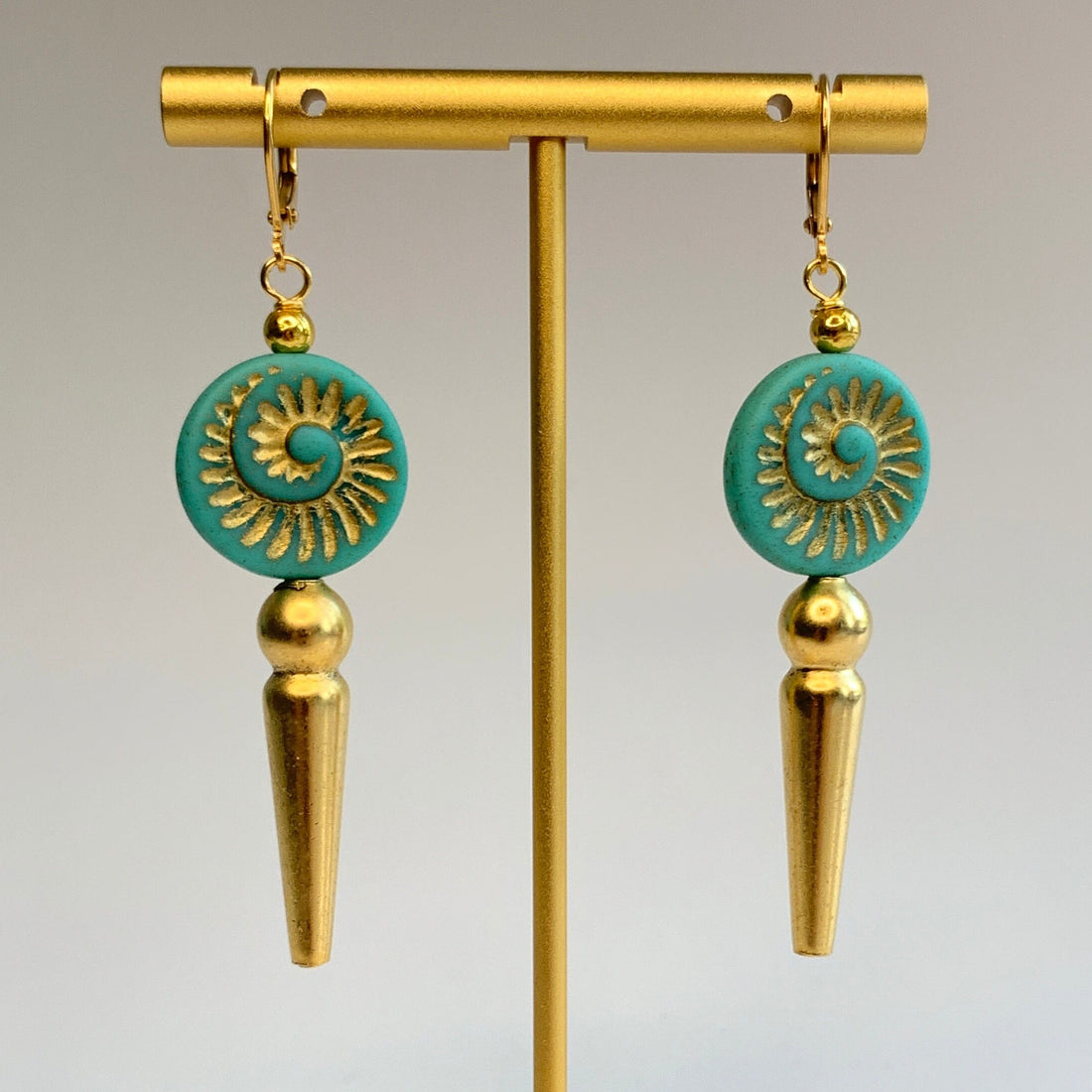 Lenora Dame Turquoise and Gold Czech Glass Ammonite Earrings