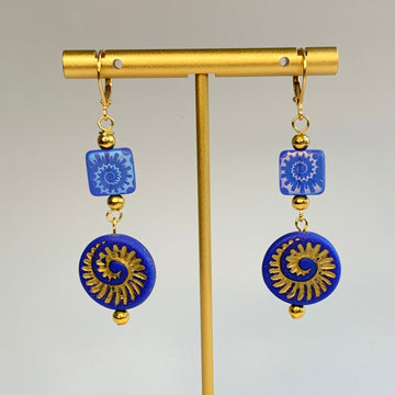 Lenora Dame Indigo and Gold Czech Glass Ammonite Earrings