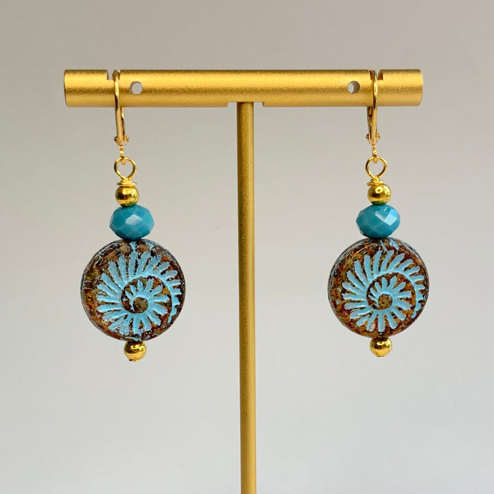 Lenora Dame Turquoise Wash Czech Glass Ammonite Earrings