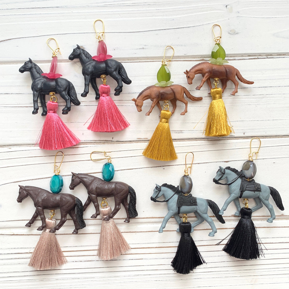 Miniature horse earrings with silky tassels and bead adornments. Horse statement earrings for women.