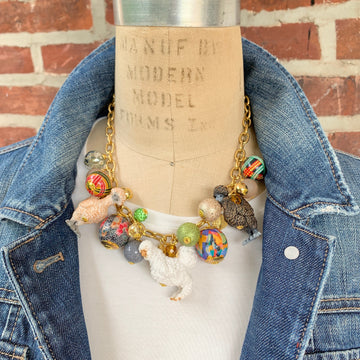 Silkie chicken charm necklace. Chicken necklace with colorful beads and miniature silkie chickens.