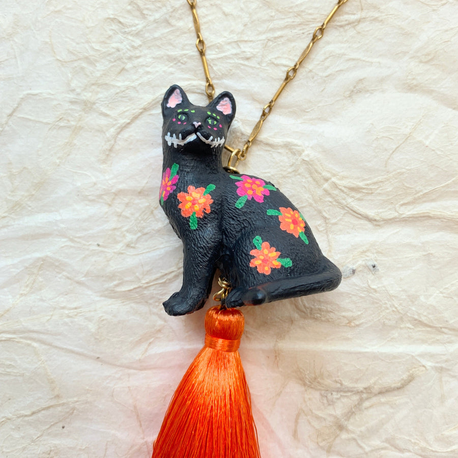 Lenora Dame Day of the Dead Black Cat Pendant Necklace