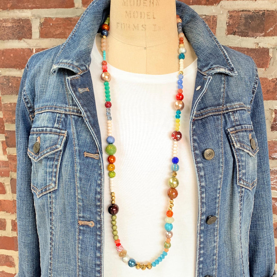 Colorful long beaded necklace. Long boho beaded necklace.