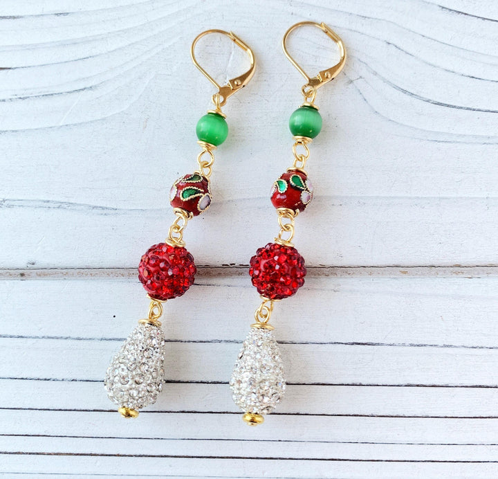 Red, green and white rhinestone drop earrings for Christmas. Sparkly Christmas earrings to wear to a party.