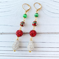 Red, green and white rhinestone drop earrings for Christmas. Sparkly Christmas earrings to wear to a party.