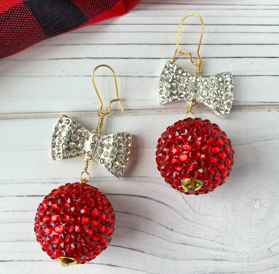 Red and silver holiday earrings for women.