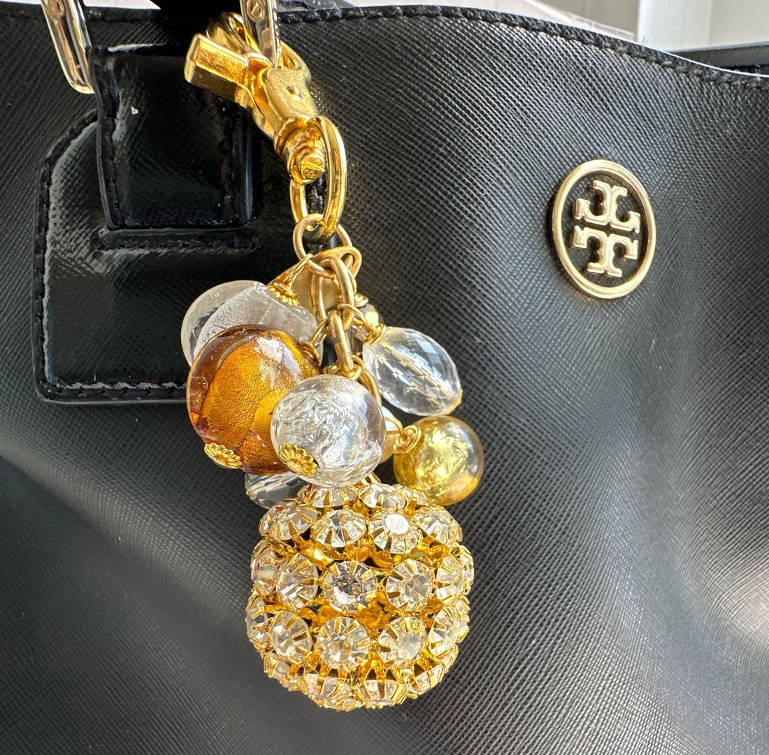 Rhinestone and gold bag charm for handbags. Cute beaded purse charm.