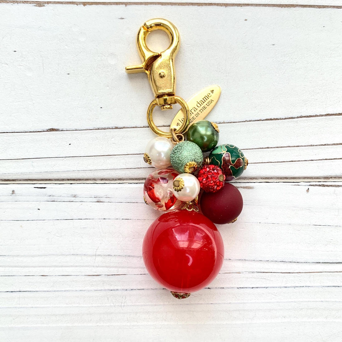 Red and green bag charm. Beaded bag charm for Christmas.