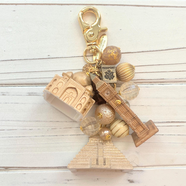 World traveler bag charm with landmark charms from around the world. Gift for traveler. Travel keychain.