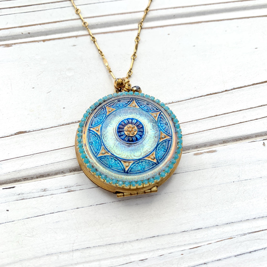 Czech Glass Button Locket Pendant Necklace