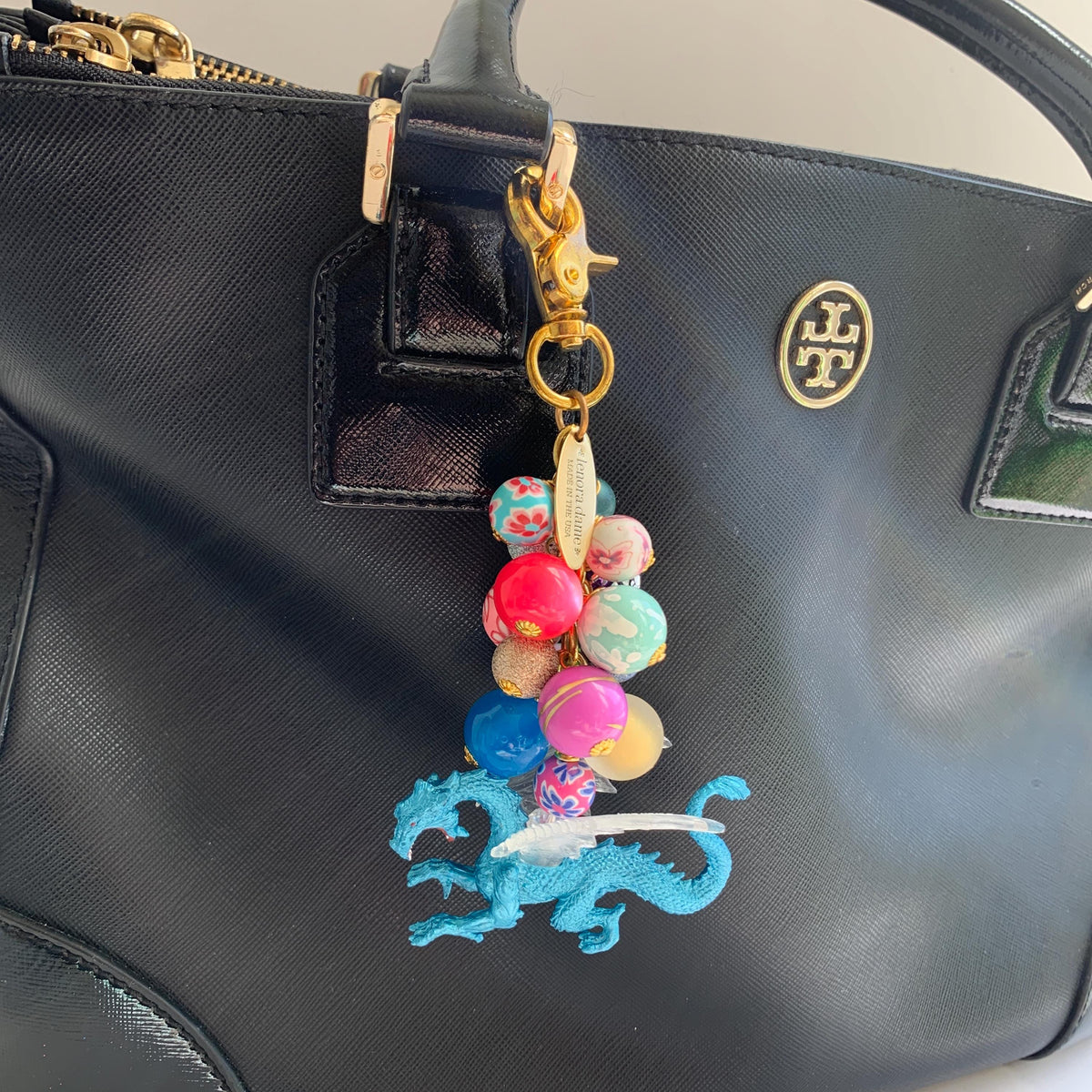 Cute dragon keychain with blue winged dragon charm. Beaded bag charm with dragon charm.