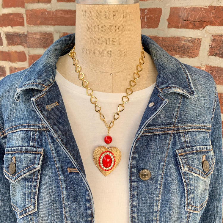 Gold heart locket necklace. Valentines necklaces for women.