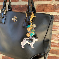 French bulldog keychain with aqua and gold beads and gold trigger clasp. Frenchie gifts for French bulldog owners.