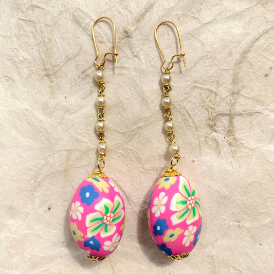 Lenora Dame Easter Egg Earrings. Cute earrings for spring. Floral egg shaped fimo beads, pearl chain dangle from French ear hooks. 