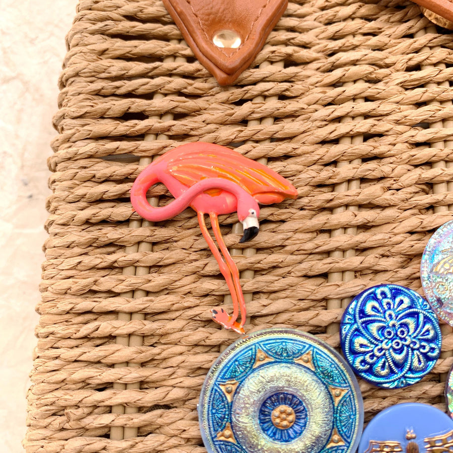 Flamingo Straw Handbag with Bamboo Handle - One-of-a-Kind