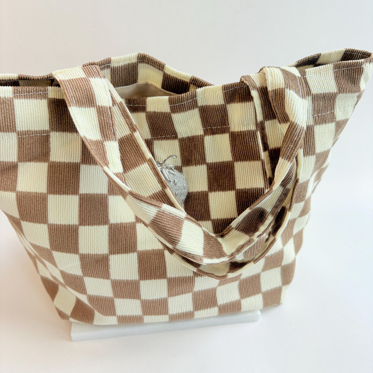 Checkered Mini Tote Bag with Strawberry Detail - One-of-a-Kind