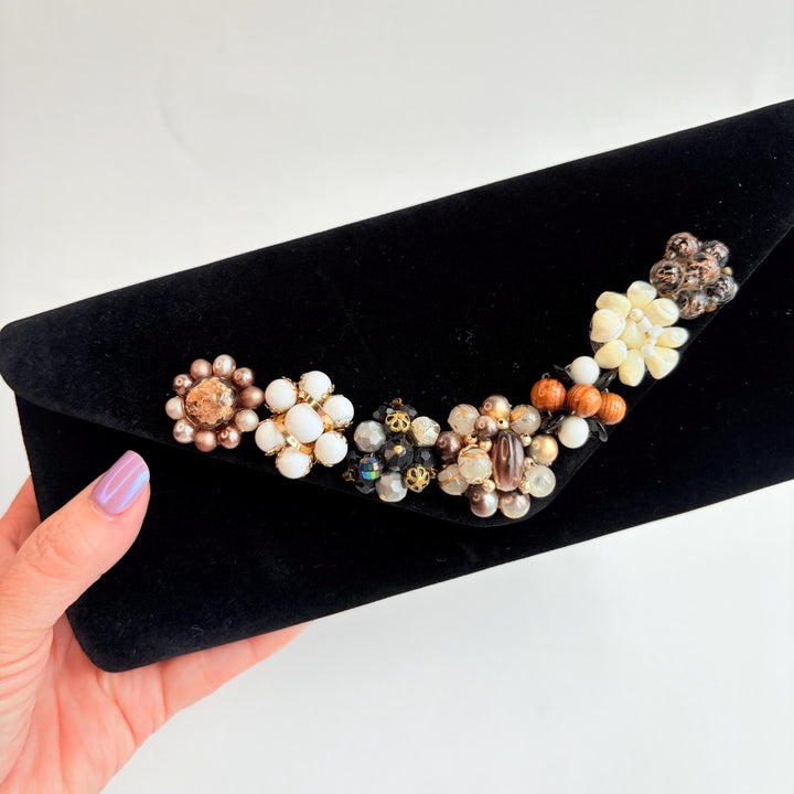 Lenora Dame Black Velvet Clutch Purse with Vintage jewelry Details. 