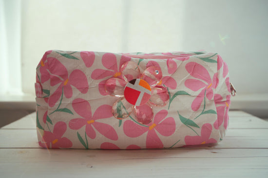 Lenora Dame One-of-a-Kind Pink Floral Quilted Cosmetic / Makeup bag