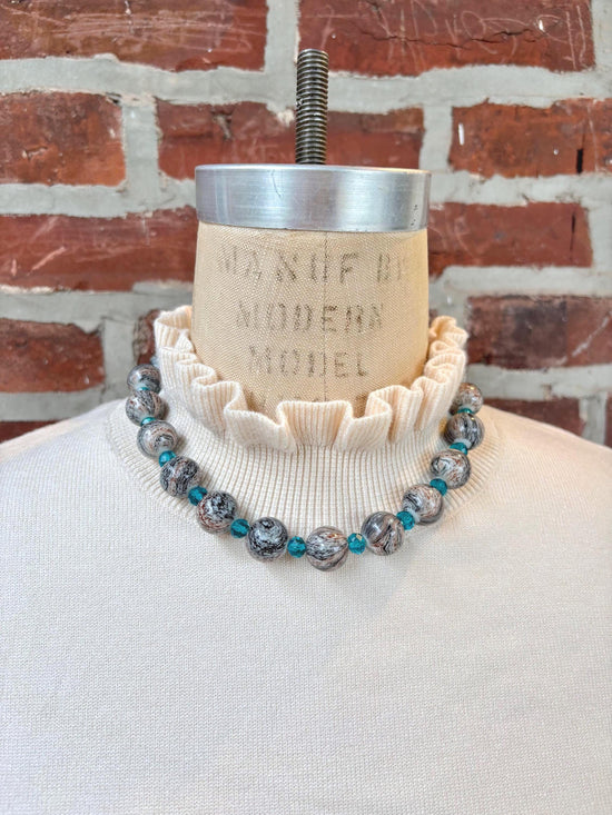 Lenora Dame Oversized Beaded Necklace-Stormy Grey and Aquamarine