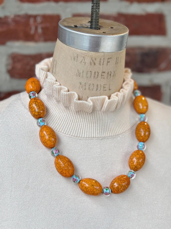 Lenora Dame Oversized Beaded Necklace - Papaya and Soft Cyan