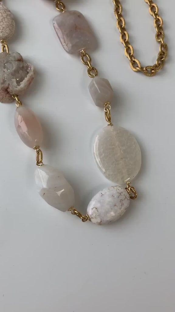 Lenora Dame White Druzy Agate Slice Long Statement Necklace