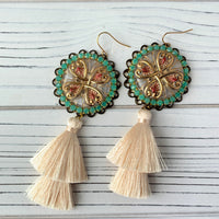 Lenora Dame Czech Glass Button with Cream Tassel Earrings