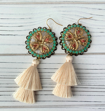 Lenora Dame Czech Glass Button with Cream Tassel Earrings