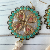Lenora Dame Czech Glass Button with Cream Tassel Earrings
