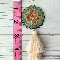 Lenora Dame Czech Glass Button with Cream Tassel Earrings