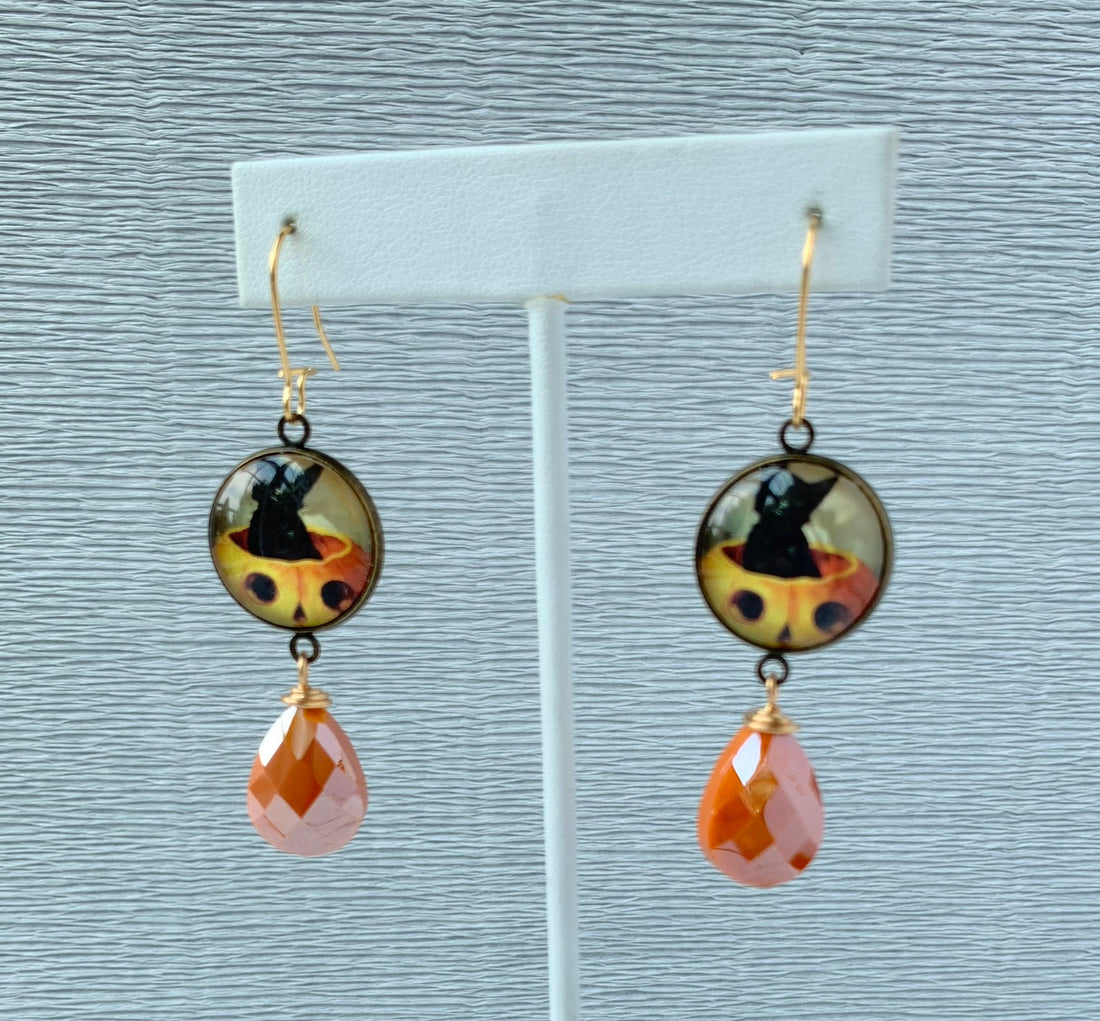 Lenora Dame Jack-o-Lantern Kitten Halloween Earrings