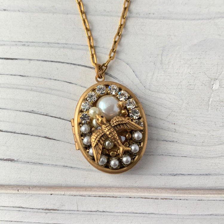 Lenora Dame Mini Mosaic Sparrow Locket Necklace