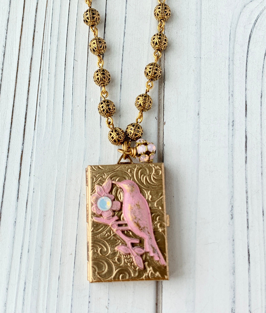 Lenora Dame Bird Book Locket Charm Necklace - Choice of 3 Color Options