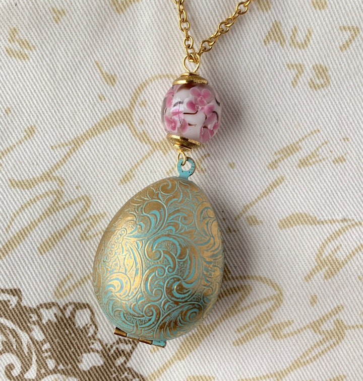 Lenora Dame Easter Egg Etched Locket Necklace