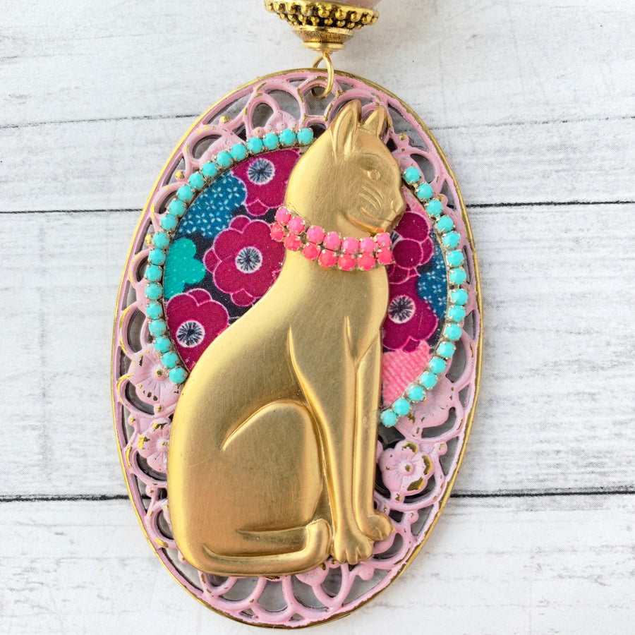 Lenora Dame Mauve Siamese Cat Pendant Statement Necklace