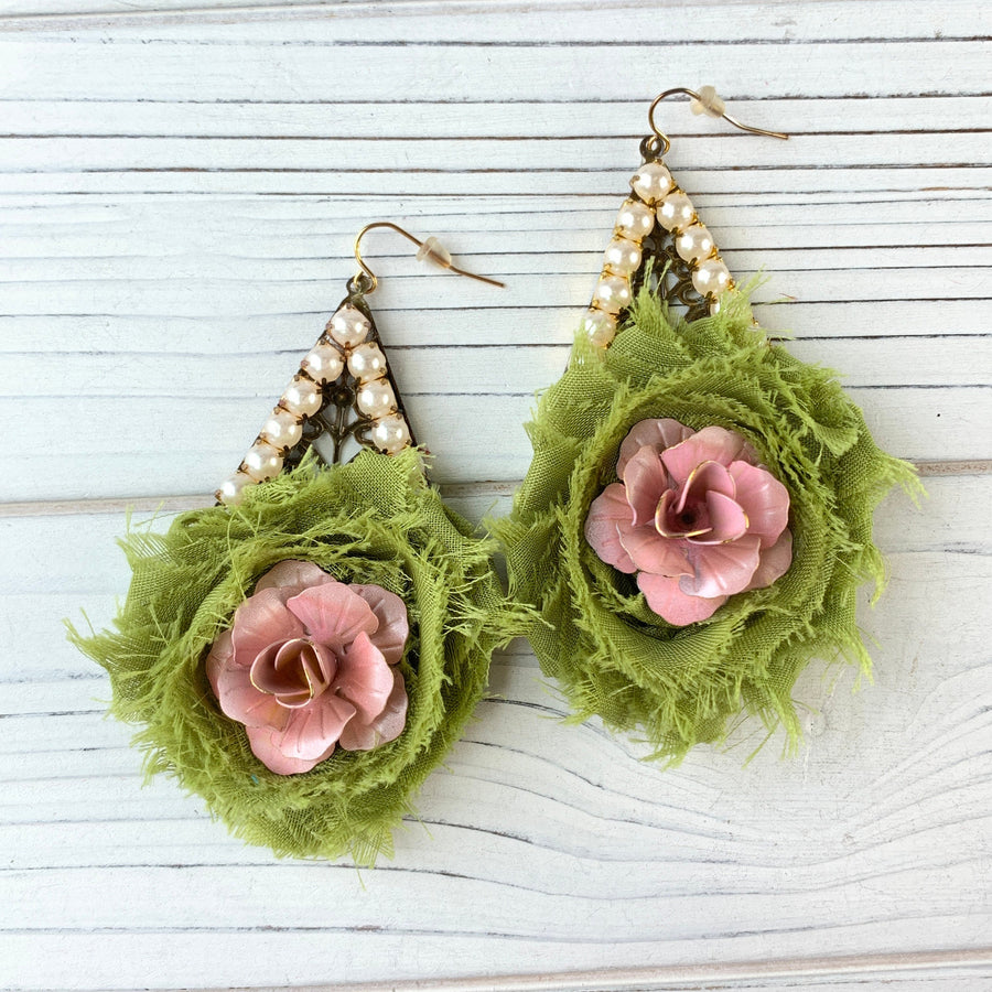 Lenora Dame Shabby Chic Rosette Drop Statement Earrings in Moss