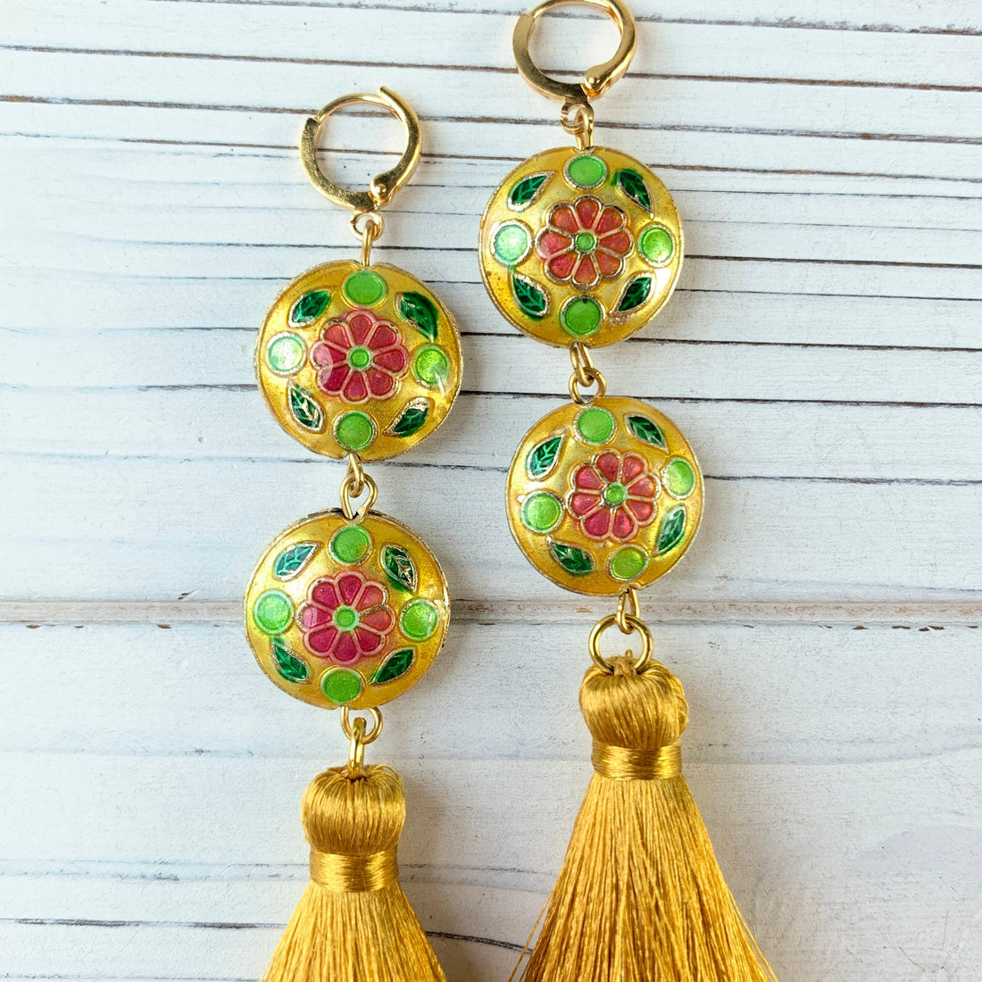 Lenora Dame Golden Cloisonné Tassel Earrings