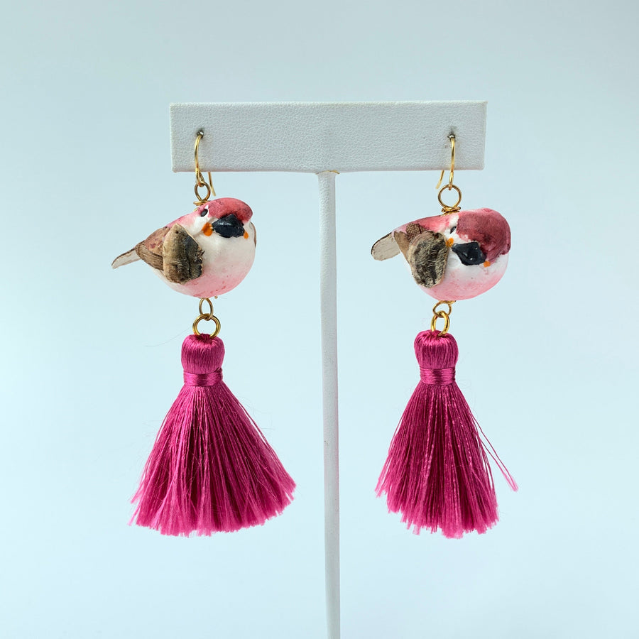 Lenora Dame Spun Cotton Bird Tassel Earrings in Magenta